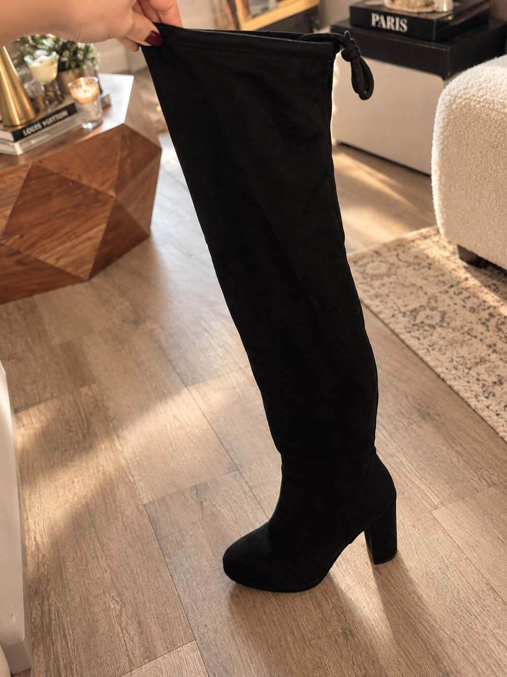 Dream Paris Black Faux Suede Over The Knee Block Heel Boots with Drawstring